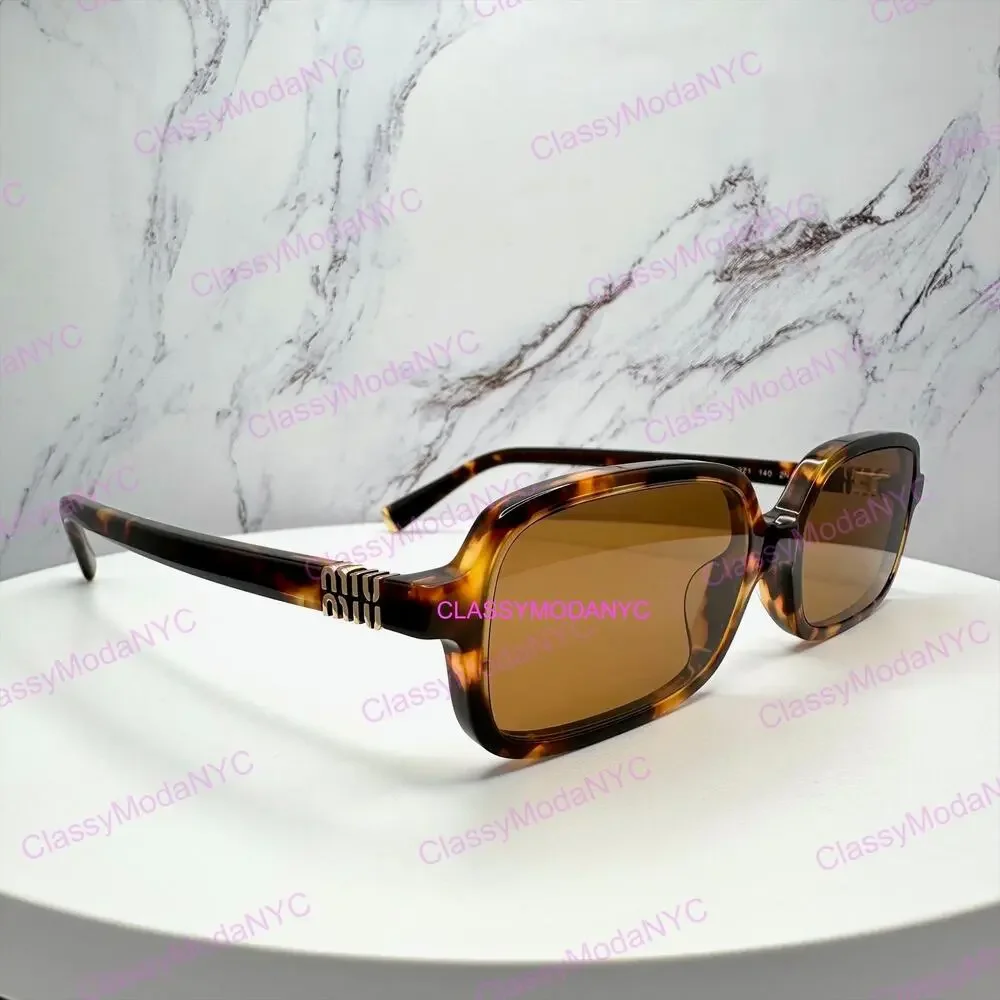 New MIU MIU Sunglasses Brown Tortoise Slim Rectangular Acetate Logo Authentic